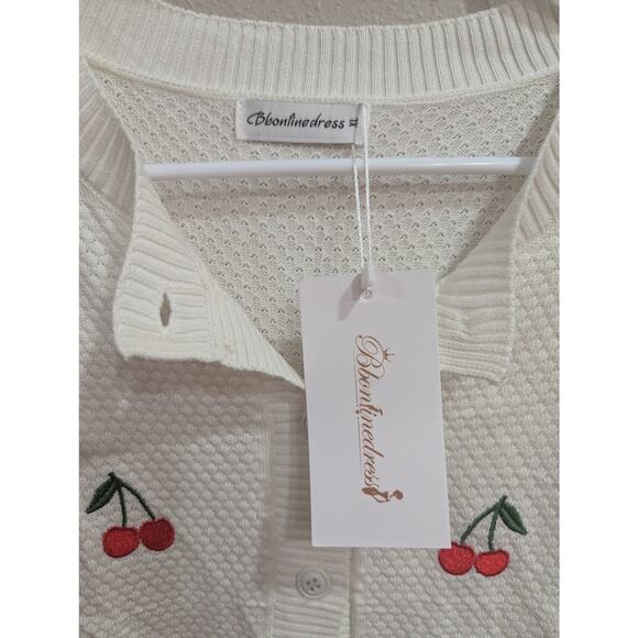 Cute cream short sleeve button cardigan by Bbonlinedress w/cherry embroidery XL - Picture 3 of 9